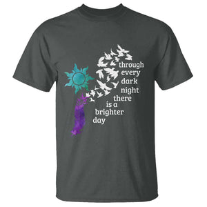 Suicide Prevention Awareness T Shirt Through Every Dark Night There Is A Brighter Day Semicolon Sun Feathers TS11 Dark Heather Print Your Wear