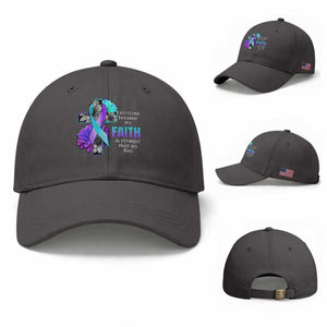 Suicide Prevention Awareness Baseball Cap I Survived Because My Faith Is Stronger Than My Fear Ribbon Flower USA Flag