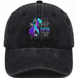 Suicide Prevention Awareness Washed Cotton Baseball Cap I Survived Because My Faith Is Stronger Than My Fear Ribbon Flower USA Flag
