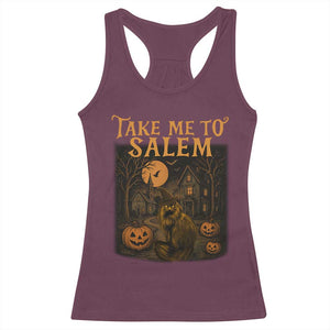 Take Me To Salem Racerback Tank Top Halloween Witch Salem Trip Black Cat Spooky Season TS11 Maroon Print Your Wear