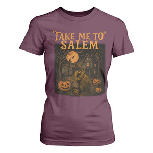 Take Me To Salem T Shirt For Women Halloween Witch Salem Trip Black Cat Spooky Season TS11 Maroon Print Your Wear