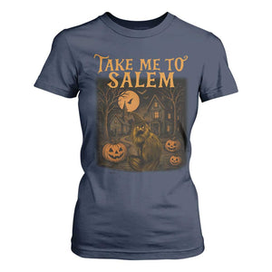 Take Me To Salem T Shirt For Women Halloween Witch Salem Trip Black Cat Spooky Season TS11 Navy Print Your Wear