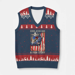 Funny Even Jesus Had A Fish Story V-Neck Knit Sweater Vest Fisherman Christian Fishing TS11 Navy Red Print Your Wear