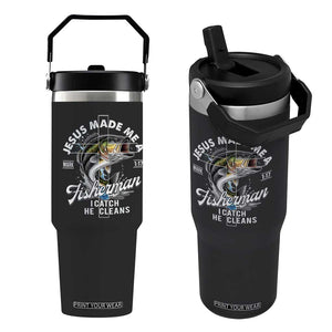 Jesus Made Me A Fisherman I Catch He Cleans Flip Straw Tumbler Christian Fisher TS11 One Size: 30 oz Black Print Your Wear
