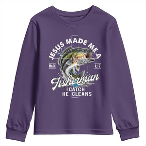 Jesus Made Me A Fisherman I Catch He Cleans Youth Sweatshirt Christian Fisher TS11 Purple Print Your Wear