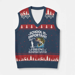 Funny School Is Important But Fishing Is Importanter V-Neck Knit Sweater Vest Fishing Lover TS11 Navy Red Print Your Wear