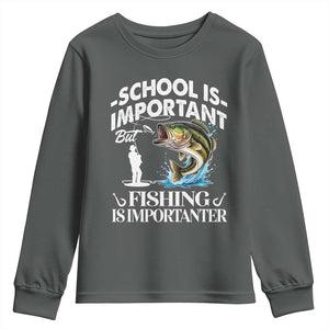 Funny School Is Important But Fishing Is Importanter Youth Sweatshirt Fishing Lover TS11 Dark Heather Print Your Wear
