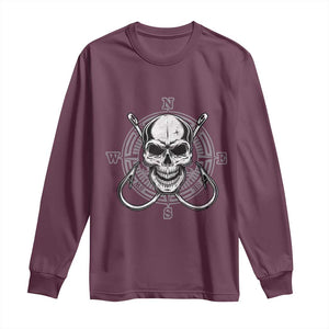 Funny Fishing Lover Long Sleeve Shirt Pirate Skull Fishing Hook Compass TS11 Maroon Print Your Wear