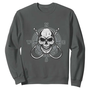 Funny Fishing Lover Sweatshirt Pirate Skull Fishing Hook Compass TS11 Dark Heather Print Your Wear