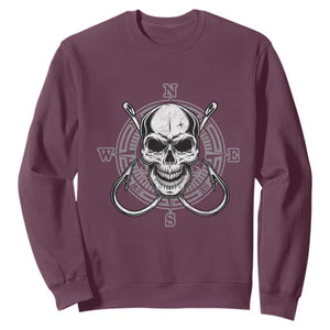 Funny Fishing Lover Sweatshirt Pirate Skull Fishing Hook Compass TS11 Maroon Print Your Wear