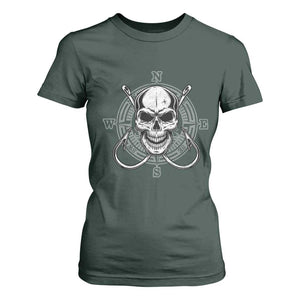 Funny Fishing Lover T Shirt For Women Pirate Skull Fishing Hook Compass TS11 Dark Forest Green Print Your Wear
