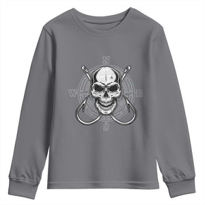 Funny Fishing Lover Youth Sweatshirt Pirate Skull Fishing Hook Compass TS11 Charcoal Print Your Wear