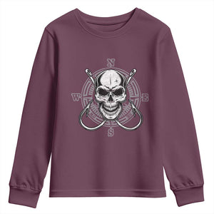 Funny Fishing Lover Youth Sweatshirt Pirate Skull Fishing Hook Compass TS11 Maroon Print Your Wear