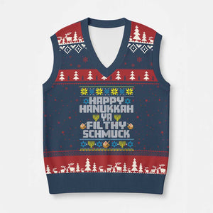 Happy Hanukkah Ya Fithy Schmuck V-Neck Knit Sweater Vest Funny Hanukkah Xmas Movie TS11 Navy Red Print Your Wear