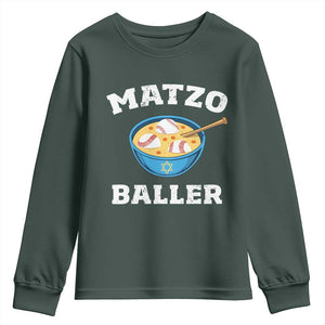 Funny Hanukkah Baseball Youth Sweatshirt Matzo Baller Matzah Ball Jewish Chanukah Sports Lover TS11 Dark Forest Green Print Your Wear