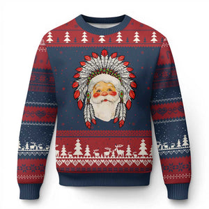 Funny Xmas Native American Indian Santa War Bonnet Ugly Christmas Sweater TS11 Navy Red Print Your Wear