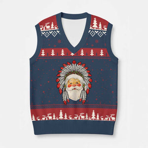 Funny Xmas Native American Indian Santa War Bonnet V-Neck Knit Sweater Vest TS11 Navy Red Print Your Wear