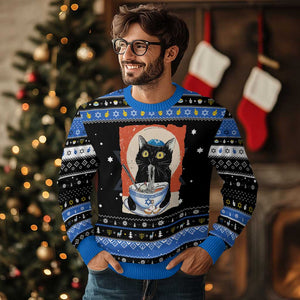 Funny Chanukah Black Cat Eating Noodle Hanukkah Ugly Sweater TS11 Black Blue Print Your Wear