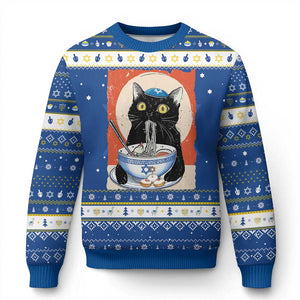 Funny Chanukah Black Cat Eating Noodle Hanukkah Ugly Sweater TS11 Blue White Print Your Wear