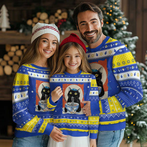Funny Chanukah Black Cat Eating Noodle Hanukkah Ugly Sweater TS11 Royal Blue Gold Print Your Wear