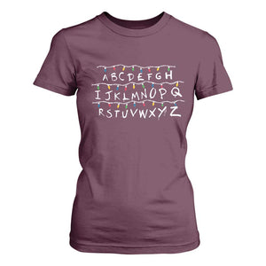 Funny Stranger Christmas T Shirt For Women Alphabet Xmas Lights Movie TS11 Maroon Print Your Wear