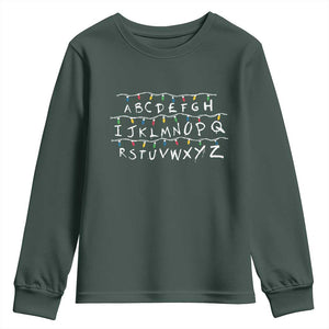 Funny Stranger Christmas Youth Sweatshirt Alphabet Xmas Lights Movie TS11 Dark Forest Green Print Your Wear