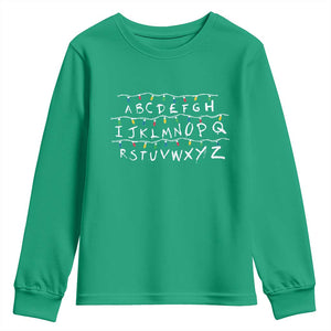 Funny Stranger Christmas Youth Sweatshirt Alphabet Xmas Lights Movie TS11 Irish Green Print Your Wear