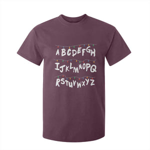 Funny Stranger Christmas T Shirt For Kid Alphabet Xmas Lights TS11 Maroon Print Your Wear