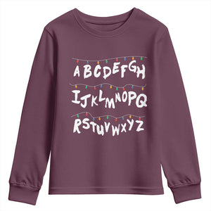 Funny Stranger Christmas Youth Sweatshirt Alphabet Xmas Lights TS11 Maroon Print Your Wear
