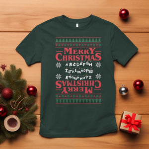 Funny Stranger Xmas T Shirt Merry Christmas Alphabet Neon Lights Movie TS11 Dark Forest Green Print Your Wear