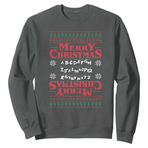 Funny Stranger Xmas Sweatshirt Merry Christmas Alphabet Neon Lights Movie TS11 Dark Heather Print Your Wear