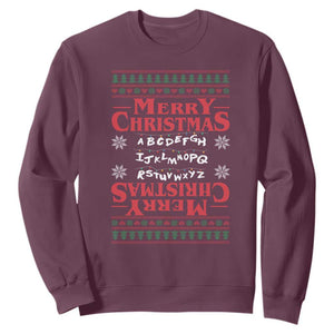 Funny Stranger Xmas Sweatshirt Merry Christmas Alphabet Neon Lights Movie TS11 Maroon Print Your Wear