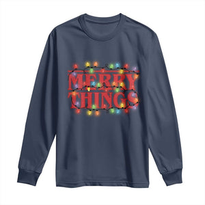 Funny Stranger Christmas Long Sleeve Shirt Merry Things Xmas Movie Neon Lights TS11 Navy Print Your Wear