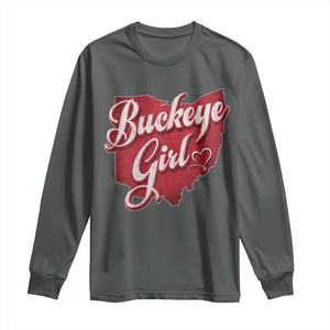 Funny Buckeye Girl Long Sleeve Shirt Red Map Of Ohio State TS11 Dark Heather Print Your Wear