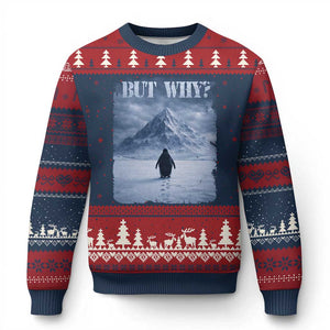 Nihilist Penguin But Why Ugly Christmas Sweater Snow Mountains Motivational Penguin Meme TS11 Navy Red Print Your Wear