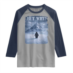 Nihilist Penguin But Why Raglan Shirt Snow Mountains Motivational Penguin Meme TS11 Sport Gray Navy Print Your Wear