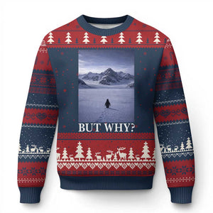 Nihilist Penguin But Why Ugly Christmas Sweater Lone Penguin Walking Toward Mountain Meme TS11 Navy Red Print Your Wear