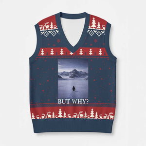 Nihilist Penguin But Why V-Neck Knit Sweater Vest Lone Penguin Walking Toward Mountain Meme TS11 Navy Red Print Your Wear