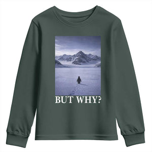 Nihilist Penguin But Why Youth Sweatshirt Lone Penguin Walking Toward Mountain Meme TS11 Dark Forest Green Print Your Wear