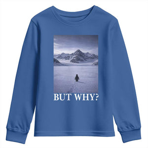 Nihilist Penguin But Why Youth Sweatshirt Lone Penguin Walking Toward Mountain Meme TS11 Royal Blue Print Your Wear
