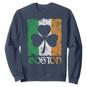 Boston St Patricks Day Sweatshirt Distressed Shamrock Vintage Irish Flag TS11 Navy Print Your Wear