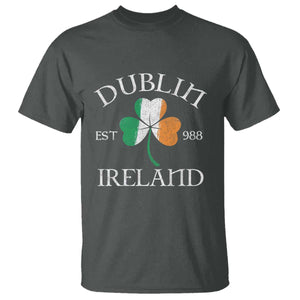 Dublin Ireland Est 988 T Shirt St Patricks Day Shamrock Leaf TS11 Dark Heather Print Your Wear