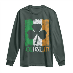 Dublin Ireland St Patricks Day Long Sleeve Shirt Distressed Shamrock Vintage Irish Flag TS11 Dark Forest Green Print Your Wear