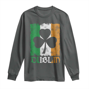 Dublin Ireland St Patricks Day Long Sleeve Shirt Distressed Shamrock Vintage Irish Flag TS11 Dark Heather Print Your Wear