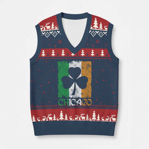 Chicago IL St Patricks Day V-Neck Knit Sweater Vest Distressed Shamrock Vintage Irish Flag TS11 Navy Red Print Your Wear