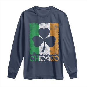 Chicago IL St Patricks Day Long Sleeve Shirt Distressed Shamrock Vintage Irish Flag TS11 Navy Print Your Wear