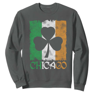 Chicago IL St Patricks Day Sweatshirt Distressed Shamrock Vintage Irish Flag TS11 Dark Heather Print Your Wear