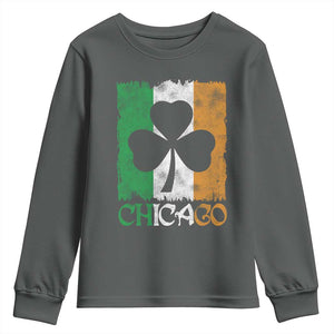 Chicago IL St Patricks Day Youth Sweatshirt Distressed Shamrock Vintage Irish Flag TS11 Dark Heather Print Your Wear
