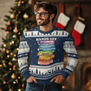 Hands Off Ugly Christmas Sweater Social Security And Medicare Protest Colorful Books TS11 Navy Beige Print Your Wear