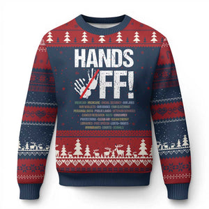 Hands Off Ugly Christmas Sweater Social Security And Medicare Protest Vintage Hand Print TS11 Navy Red Print Your Wear
